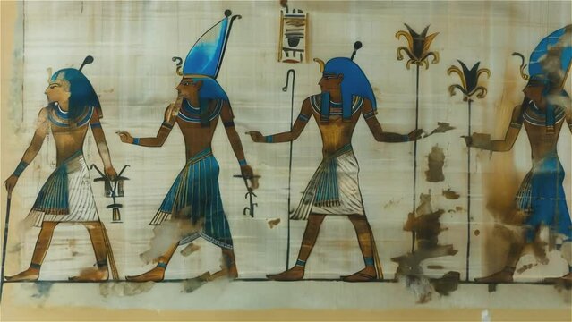 Animated Egyptian gods in a row, hieroglyphs on aged papyrus backdrop