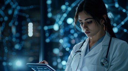 Female Doctor Using Tablet with Futuristic Interface in Medical Science Lab, Blank Text Area