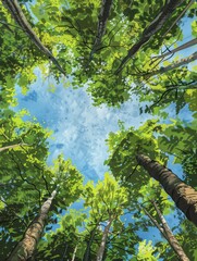 Fototapeta premium Trees in forest from below, green tops of trees, blue sky background hyper realistic 
