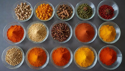 An array of various spices in glass bowls, isolated on a white background