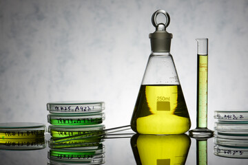 Glassware placed in a laboratory table with liquid