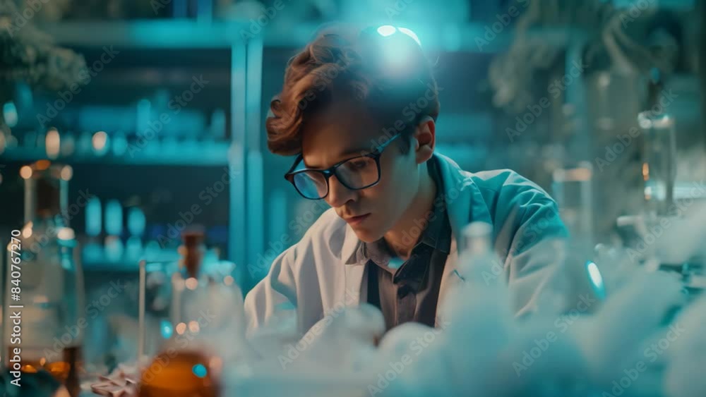 Poster a man in a laboratory inspecting a pipe for a science project, a student experimenting with a scienc