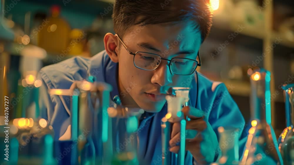 Poster a man in a lab setting is carefully looking through a pipe as part of a science experiment, a studen