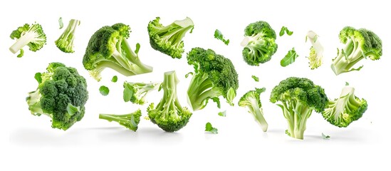 Falling bright green broccoli florets on white background