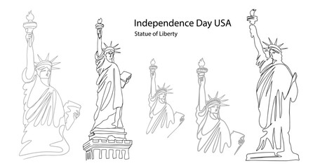 Hand drawn continuous one line drawing of statue of liberty on a white background. Linear stylized. American symbol of Independence day.  © HS