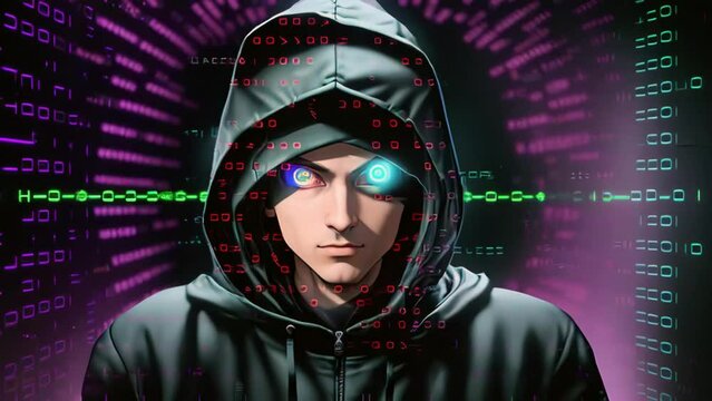 Computer Hacker in Hoodie. Obscured Dark Face with glowing eyes on digital codes and data streams background