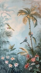 Illustration of tropical wallpaper print design with palm leaves, monstera leaves, birds and texture. Exotic plants and birds on textured background. AI generated illustration
