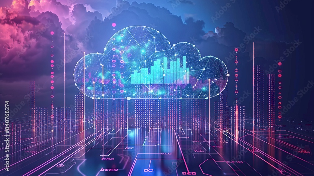 Leinwandbilder Cloud computing with hologram digital analysis of business data graph. Cloud computing concept.