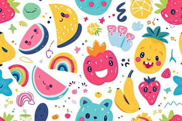 Colorful, smiling cartoon fruits and objects., Colorful vector illustration of a delicious dish