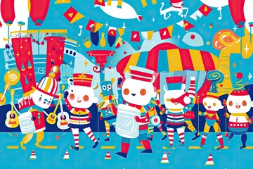 Colorful, festive marching band characters, Vector illustration of a carnival parade with marching bands and cheerful characters
