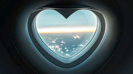 The heart shaped airplane porthole, illuminator, window.  Love travel concept. Travel agency advertising
