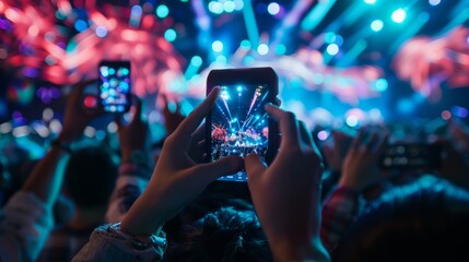 High-Energy Concert with Audience Capturing Moments on Mobile Devices, Showcasing Excitement and Connectivity