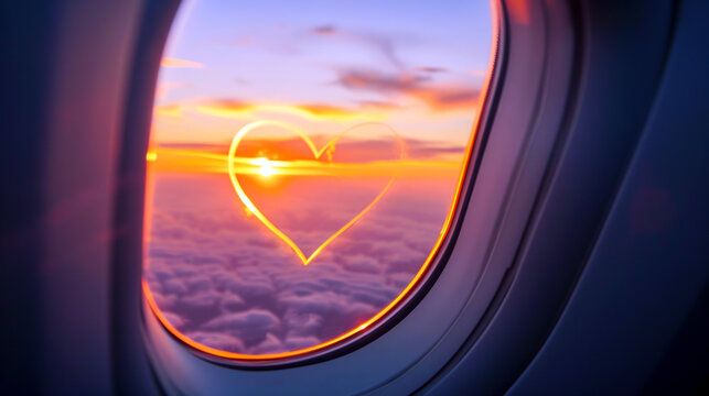 Heart on the airplane window. Love travel concept. Romantic trip. Beautiful sunset landscape