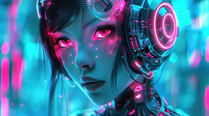 Close up view of beautiful and cute girl cyberpunk cyborg robot on 3D background. AI generated images