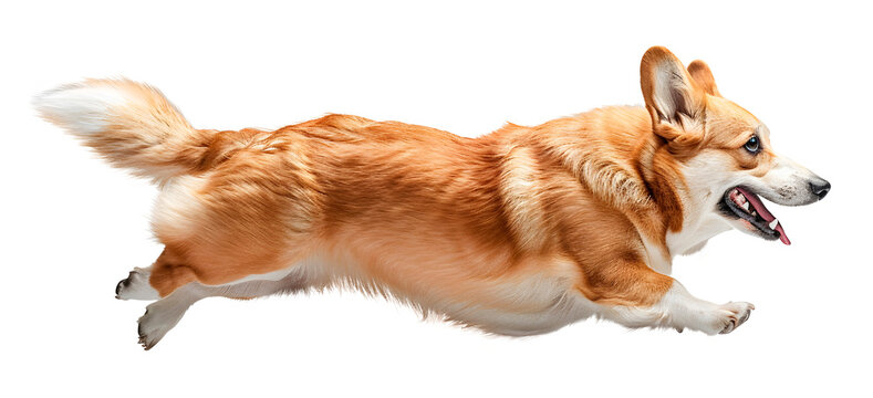 Running Cute Corgi dog isolated on transparent background, pet concept, realistic illustration, generative ai