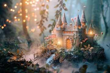 Magical Fairytale Castle Cake with Enchanted Forest Decorations and Dreamy Lighting for Fantasy-Themed Celebrations