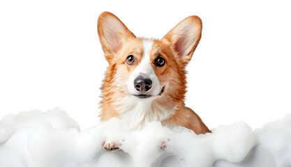 Cute Corgi dog in a bath with foam, isolated on transparent background, cute pet concept, realistic illustration, generative ai