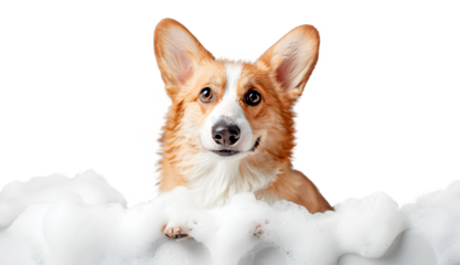 Cute Corgi dog in a bath with foam, isolated on transparent background, cute pet concept, realistic illustration, generative ai