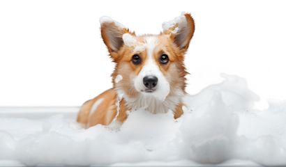 Cute Corgi dog in a bath with foam, isolated on transparent background, cute pet concept, realistic illustration, generative ai