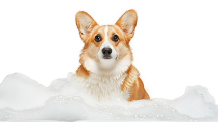 Cute Corgi dog in a bath with foam, isolated on transparent background, cute pet concept, realistic illustration, generative ai