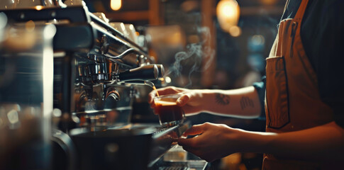 Naklejka premium Barista Focused on Crafting Coffee Drink with Steam, Ideal for Caf? Promotions and Posters