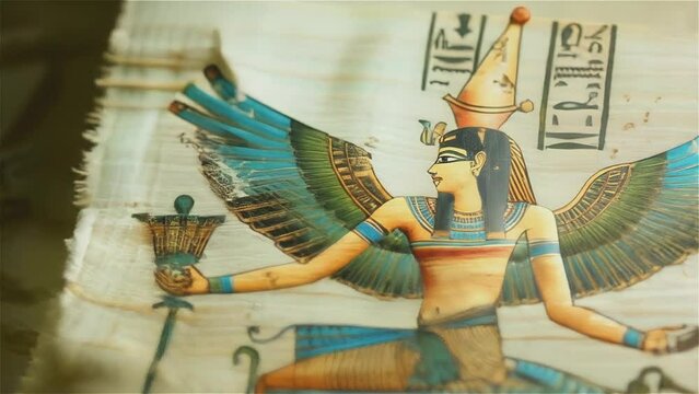 Animated depiction of ancient Egyptian deity with hieroglyphs