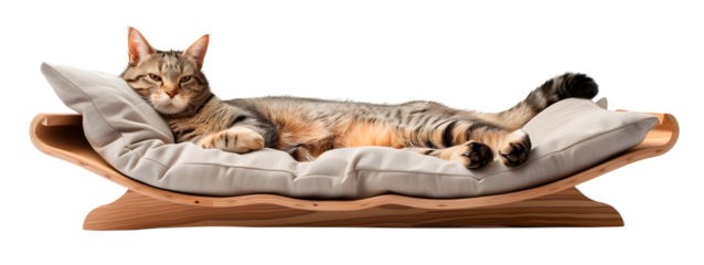 Cute Cat lying in bed, isolated on transparent background, pet concept, realistic illustration, generative ai