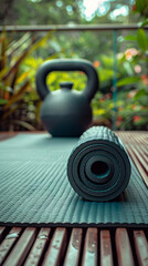 Fototapeta premium Close-Up Shot of Yoga Mat, Dumbbell, and Kettlebell
