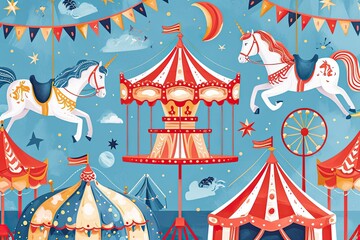 Colorful carousel with horses, Whimsical carnival illustration featuring carousel horses, ferris wheels, and circus tents