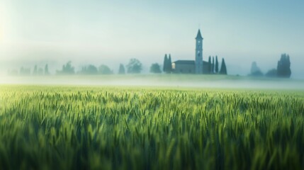 Church house with bell tower over wheat field in farm land.