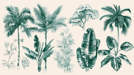 Seamless Border Hand Drawn Black and White Lithography Illustration Retro Style Design. Tropical wallapaper. AI generated illustration