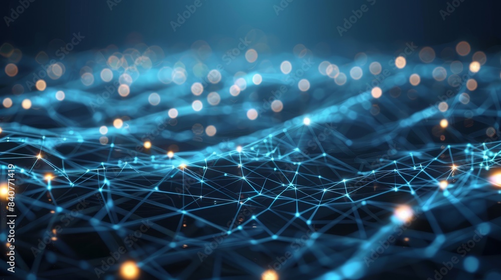 Poster a high-tech background with a digital mesh network design in silver and blue gradients, suited for a