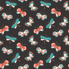 Seamless pattern, butterflies, dragonflies and moths, pastel colors. Background, print, textile, vector