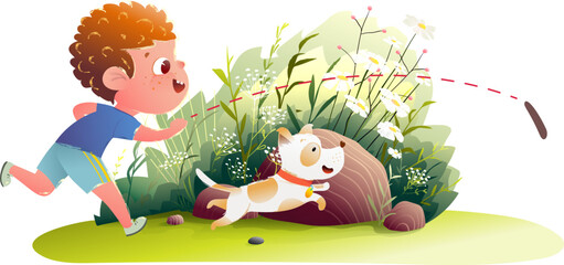 Little boy and his best friend little puppy dog running playing fetch a stick. Child character with his pet play in nature, kids illustration. Vector hand drawn clipart cartoon for children.