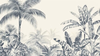 Seamless Border Hand Drawn Black and White Lithography Illustration Retro Style Design. Tropical wallapaper. AI generated illustration
