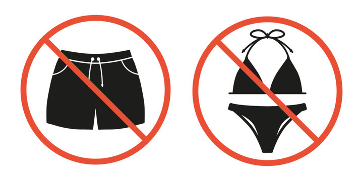 Prohibition sign of Woman and Man Underwear. Forbidden Enter in Bikini, Swimsuit or shorts. Warning Red Stop Circle Symbol for entrance door