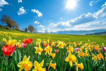 Serene Spring Landscape with Vibrant Daffodils and Tulips in Full Bloom Under a Bright Sunny Sky