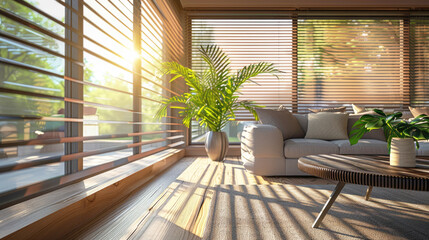 An modern living room in a high-end home bathed in warm sunlight. The window has horizontal brown wooden blinds. Blinds as an option for protection from excessive sunlight.