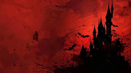 Spooky Halloween Banner with Vampire Castle Silhouette and Bats Against Blood Red Sky for Text Overlay