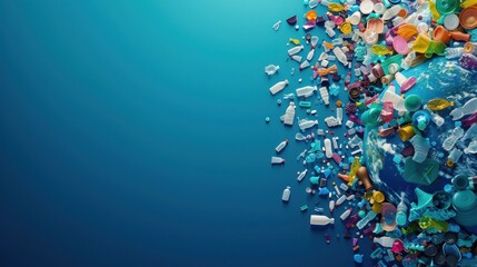 Fototapeta premium Earth engulfed by plastic waste on blue