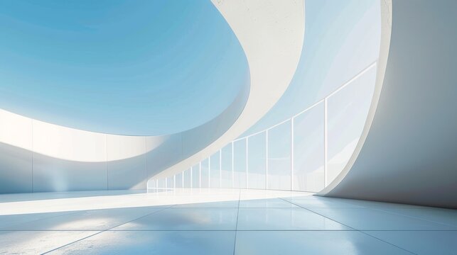 Abstract 3d white architecture interior for design, modern, contemporary, indoor and outdoor, curved wall, blue architecture, with sunny day. hyper realistic 