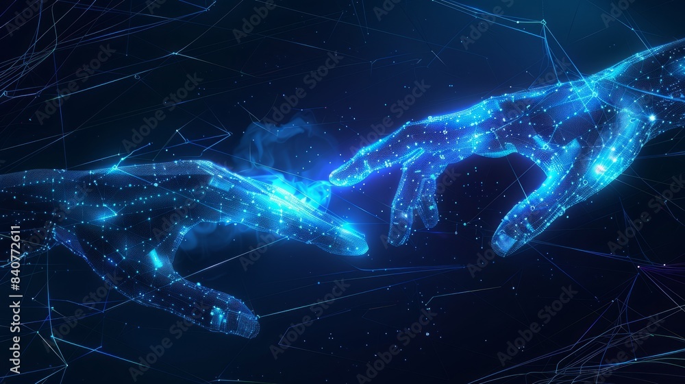 Poster abstract background of hands touching digital transformation virtual screen. technology connection d