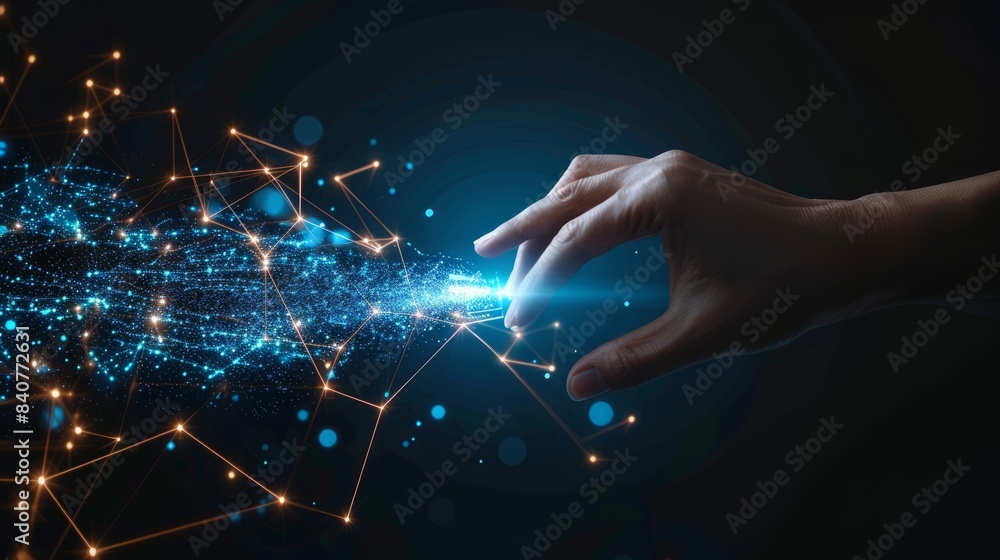 Poster abstract background of hands touching digital transformation virtual screen. technology connection d