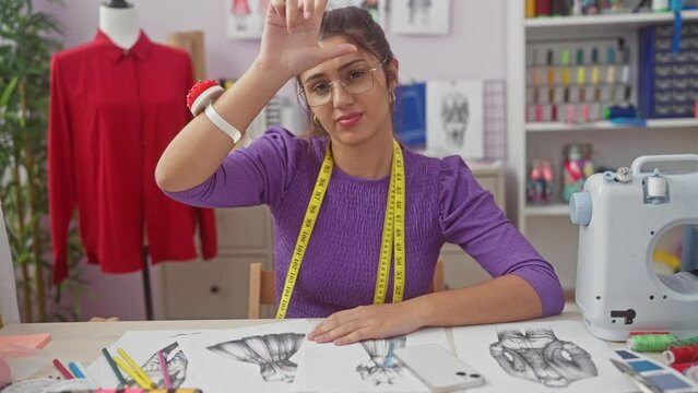 Young hispanic woman dressmaker sitting on table making fun of people with fingers on forehead doing loser gesture mocking and insulting. a atelier