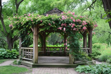 Fototapeta premium Enchanting Garden Gazebo with Climbing Roses for Romantic Outdoor Gatherings and Serene Moments