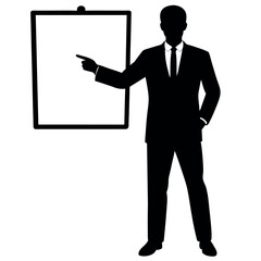 a good-looking businessman standing with a whiteboard, showcasing different poses with hands