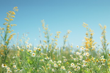 Serene Meadow with Goldenrod and Daisies Under Clear Summer Sky - Nature Wallpaper, Background