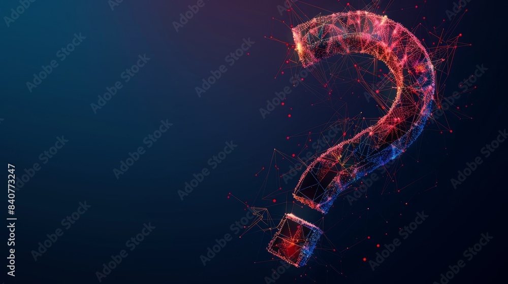 Poster abstract digital question mark. futuristic low poly wireframe ask symbol hyper realistic