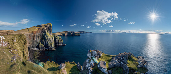 A serene afternoon at Neist Point, with the sun shining brightly overhead and the sea stretching...