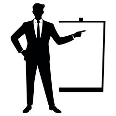 a good-looking businessman standing with a whiteboard, showcasing different poses with hands